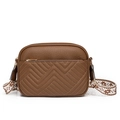 Brown leather crossbody bag with geometric quilting and wide printed shoulder strap - Brown