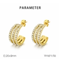 Detalle de pendientes en C dorados con circonitas y parámetros de tamaño 20x9mm - Estilo de Diamantes de Imitación en Pavé de 3 Filas Dorado (KE110155-KFC)