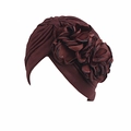Elegant burgundy stretch turban hat with 3D flower decoration for yoga and chemo wear - One Size / Dark Coffee