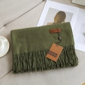 Deep green cashmere-feel scarf with fringes and leather logo tag on beige fabric sofa - 19# Army Green