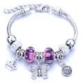 Silver charm bracelet with princess crown, pink glass beads and crystal butterfly - Rose Red