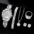 Luxury silver-tone iced out watch set with matching rhinestone jewelry 5-piece collection - Silver Bright 5-Piece Set / Silver