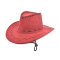 Detail of dark red faux suede cowboy hat featuring black hand-stitched leather seams - Burgundy