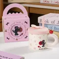 Cute cream ceramic cat mug with pink lid, straw and matching gift box set - Cute Cat Claw - Handheld Gift Box