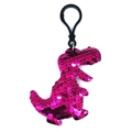 Pink sequin dinosaur keychain with black plastic clasp for backpacks and bags - Dinosaur