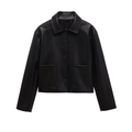 Damenjacke aus schwarzem Kunstleder, kurz geschnitten, mit großen Knöpfen und Taschen - XS / Schwarz