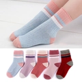 Five pairs of kids' ribbed mid-calf cotton socks with classic stripes in assorted pastel colors - 3-5 Years (Foot 13-15cm) / 5 Pairs / Rainbow Striped