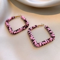 Detail shot of square pink leopard print hoop earrings on soft beige satin background - 26# Pink - Leather Square Rhombus Pendant Hoop