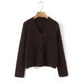 Women's dark brown V-neck mohair knit cardigan with buttons on a wooden hanger - S / Coffee