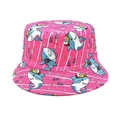Detailed view of pink bucket hat featuring cute cartoon shark prints and fine stitching - Rose Red