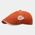 Detail of vintage orange canvas beret featuring embroidery patch and white topstitching - Orange