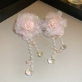 Dettaglio di orecchini a fiore in pizzo rosa con perle e nappe di cristallo da donna - Perno in argento S925 - Orecchini pendenti con nappina a fiore rosa