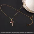 Titanium steel cross necklace with inlaid pink zircon pendant on black leather - Cross No.44 Gold (A1222)