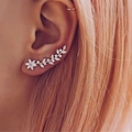 Elegant gold flower ear crawler earring set with sparkling crystals for women - White Gold