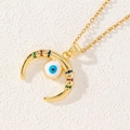 Bohemian gold crescent moon necklace with colorful zircon and evil eye pendant detail - Style O-Boho Moon Colorful Eye