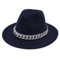 Dark blue wool fedora hat featuring a wide brim and a colorful rhinestone cuban chain - Navy Blue