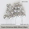 20pcs silver foam Christmas balls in four sizes with green wire stems for holiday DIY decor - 20 Silver Foam Christmas Balls