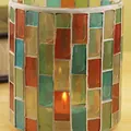 Colorful mosaic glass candle holder with orange and teal tiles for warm decor - Blue Green Orange Striped