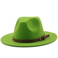 Detail of lime green wool felt fedora hat with brown leather buckle strap accent - Fruit Green