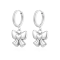 Sleek silver stainless steel hoop earrings with 3D bow pendant and heart detail - Bowknot (MS-476) / Steel