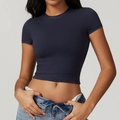 Crop top sportivo blu scuro aderente per yoga e fitness con scollo rotondo ed elastico - S / Grigio Ferro