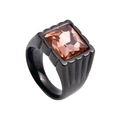 Men's black titanium steel ring featuring a large square peach gemstone on white background - US 10 / Black Champagne Gemstone