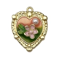 French vintage heart pendant with enamel floral patterns and a central pearl bead - Green Heart Pink Flower Leaf-22083