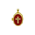 Detail of 18K gold-plated oval locket with red enamel background and rhinestone cross - Red Cross Style Pendant Only (Without Chain) (DN251240-B)