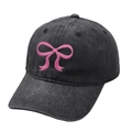 Detail of pink bow embroidery on a washed black cotton baseball cap for women - M (56-58cm) / Black with Pink Bow