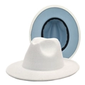 Classico cappello fedora in feltro bianco con fodera azzurra e tesa larga elegante - Bianco + Celeste