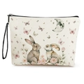 Easter bunny canvas makeup bag with double-sided watercolor rabbit and floral prints - Floral Bunny and Moon (Style 1)