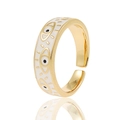 Detail of gold open ring with white enamel evil eye patterns and mirror reflection - White