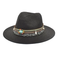 Detail of black straw fedora featuring bohemian band with turquoise beads and grey fringe - Black