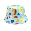 Close-up of baby sun hat with light blue fabric and colorful macaron fruit prints - Head Circumference 52-54cm / Sky Blue