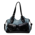 Sac cabas patchwork en denim et cuir noir avec des poches extérieures stylées - Patchwork Bleu
