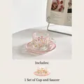Pink tulip glass coffee cup set with pink and white checkered saucer in Korean ins style - 200ml / Pink Butterfly