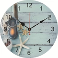 Silent vintage wood wall clock featuring a beach and ocean starfish theme - Seaside Lantern