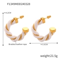 Gold C-shaped hoop earrings with white braided leather wrap in a twisted vintage design - Gold Plated Copper With White Leather / White