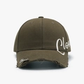 Distressed dark olive cotton baseball cap with white Cloud cursive embroidery on the side - Adjustable / Green
