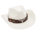 Detail of white woven cowboy hat featuring a leather band and silver bull head ornament - One Size / White