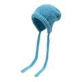 Blue knit earflap beanie with long ties made of chunky yarn for winter warmth - Sky Blue