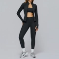Women's 3-piece dark grey brushed yoga set with zip jacket and thumbhole sleeves - S / Top And Bottom / Black