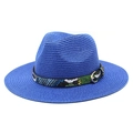 Detailed close-up of blue straw fedora featuring a colorful snakeskin band and gold buckle - M (56-58cm) / Sapphire Blue