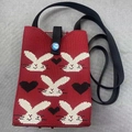 Red knit shoulder bag featuring white rabbit and black heart patterns with black strap - Rabbit Maroon Base