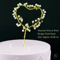 Golden iron wire heart cake topper with white faux pearls and crystal beads 9x18cm - 213 Cake Topper Gold