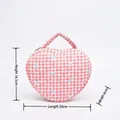 Pink heart quilted makeup bag with blue bows and 20x16.5x6cm size display - Red Plaid Heart