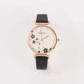 Montre vintage pour femme avec bracelet en cuir noir et cadran trèfle or rose - Noir