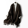 Thick solid dark brown wool scarf with fringes paired with a white turtleneck sweater - Coffee