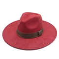 Detail of red wool felt fedora hat featuring a wide brim and dark brown decorative band - M (56-59cm) / Wine Red Suede