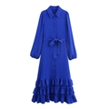 Elegant Klein blue long sleeve shirt dress with tiered ruffle hem and waist tie belt - XS / Blue